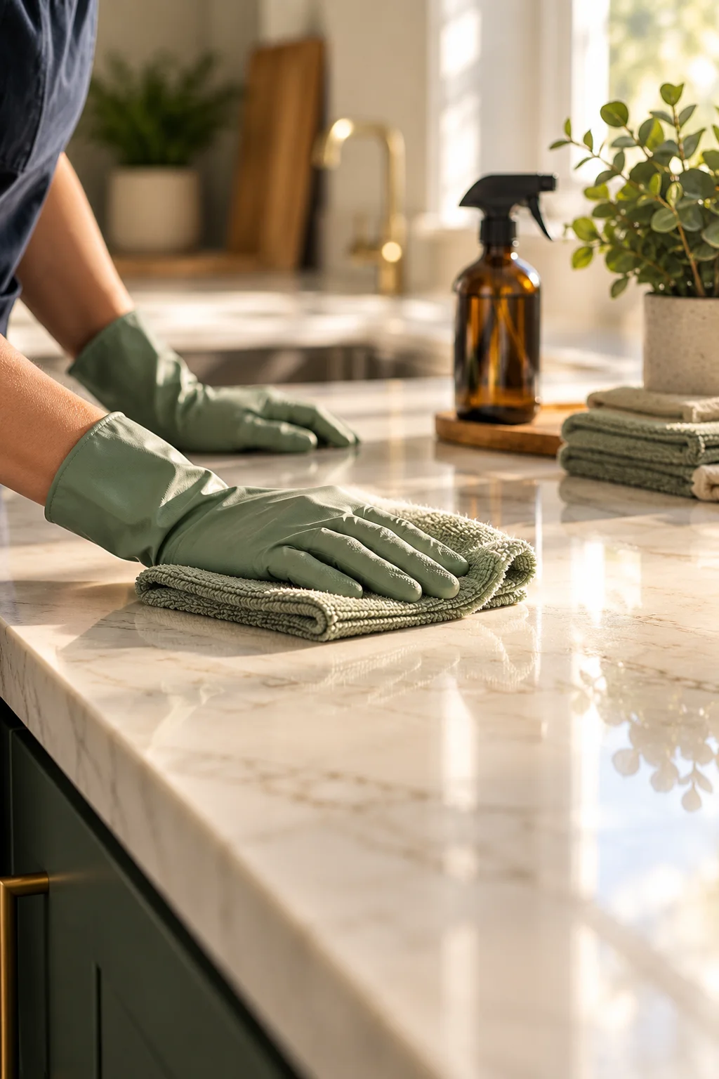 Careful, detailed cleaning of a kitchen surface